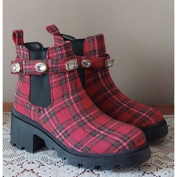 SUGAR-Favorite Red Black Plaid Rhinestone Chunky Heel Chelsea Ankle Boot - Picture 5 of 16